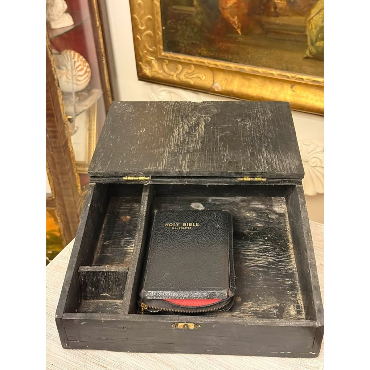 Antique Primitive Black Painted Wooden Bible Box, Slant Top Storage Chest