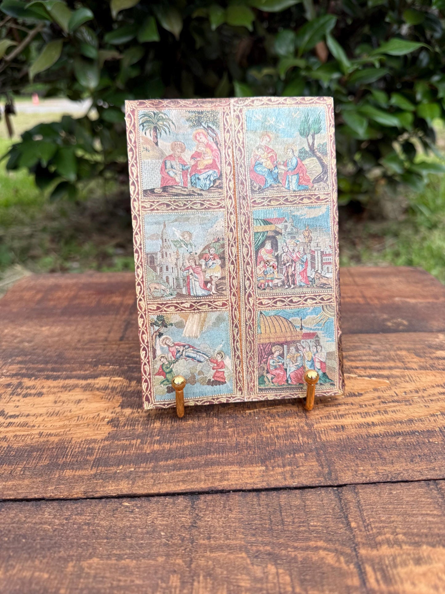 Greek Orthodox Icon Plaque from Meteora – Vintage Six-Scene Religious Print on Wood – Byzantine Style Wall Art