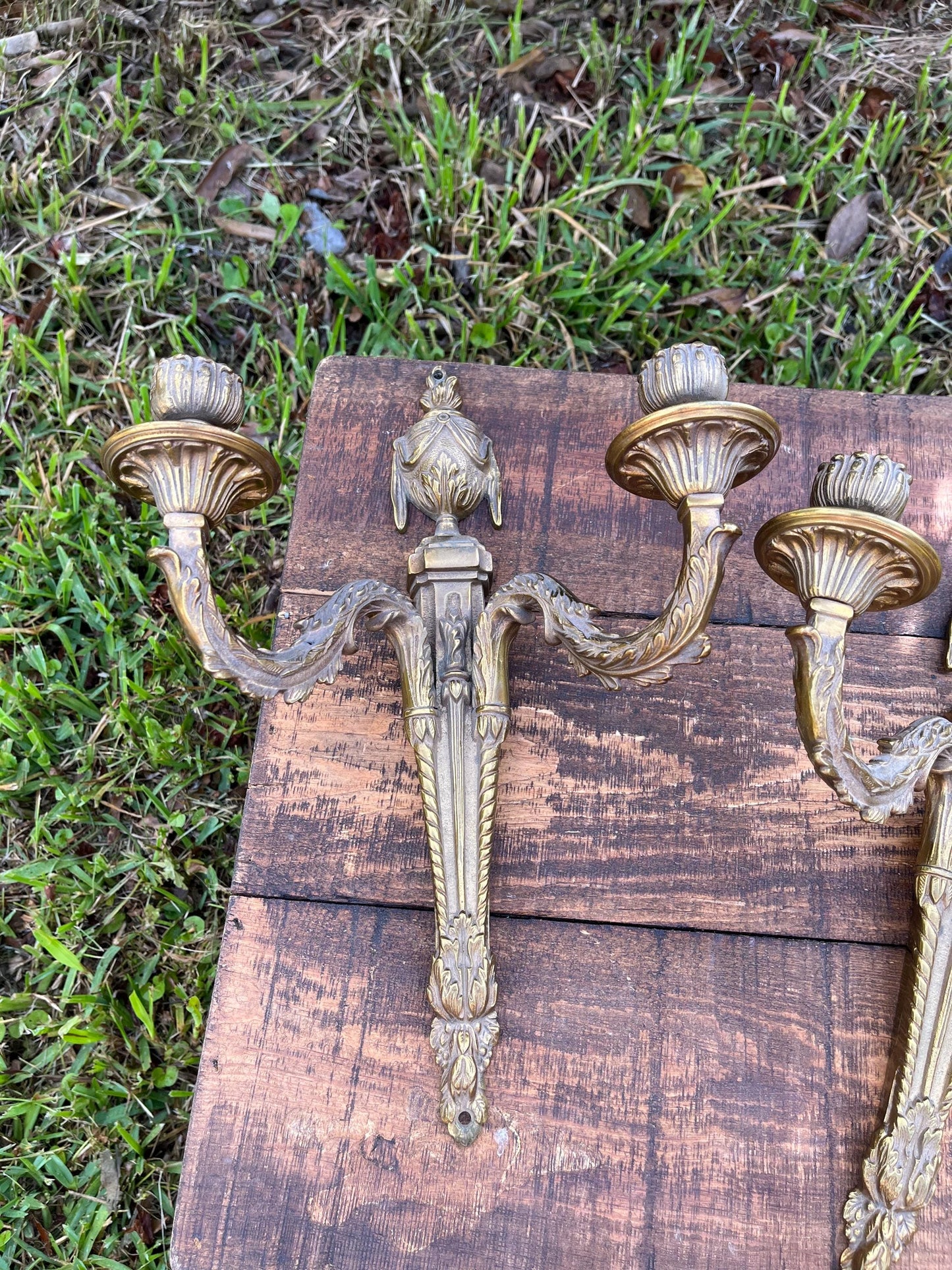 Pair of Antique French Brass Wall Sconces – Neoclassical Candle Holders, Louis XVI Style, Double Arm Wall Lights