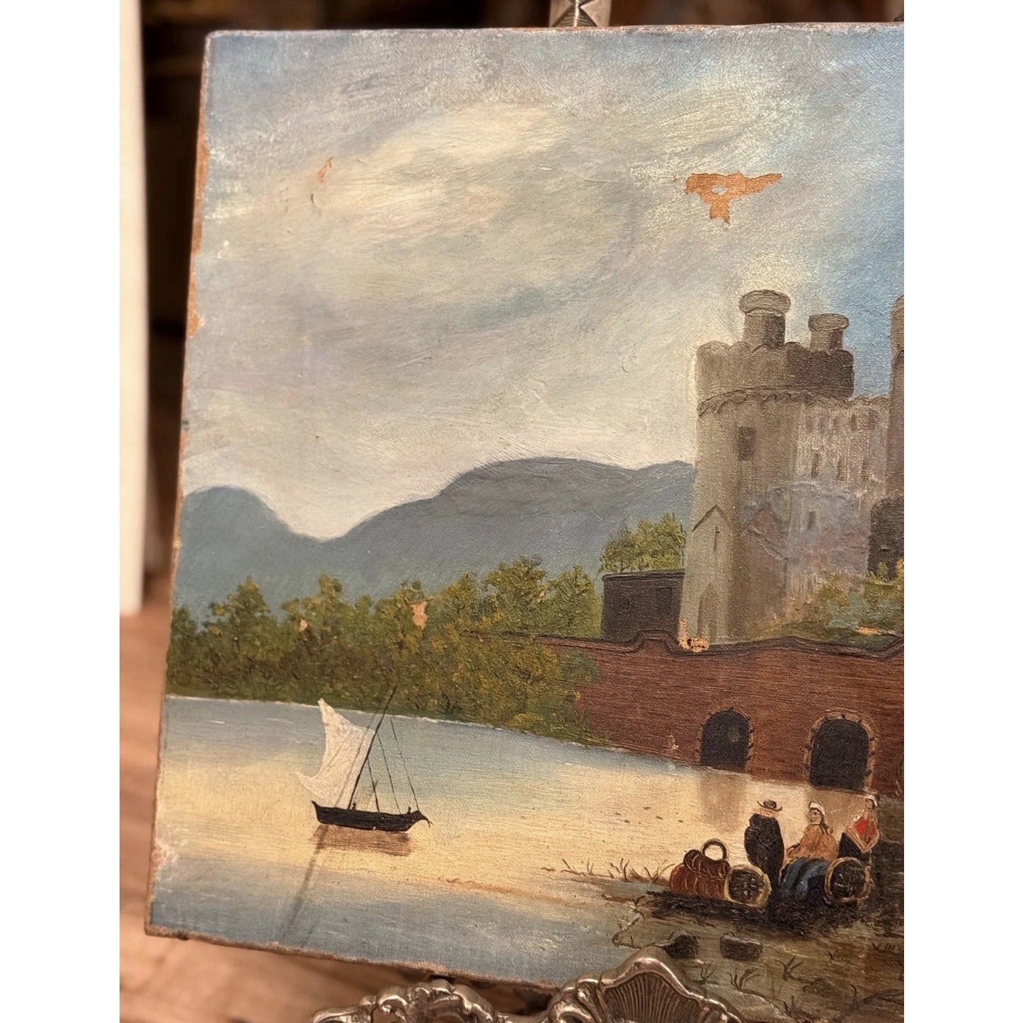 Antique European Castle Landscape Oil Painting on Canvas