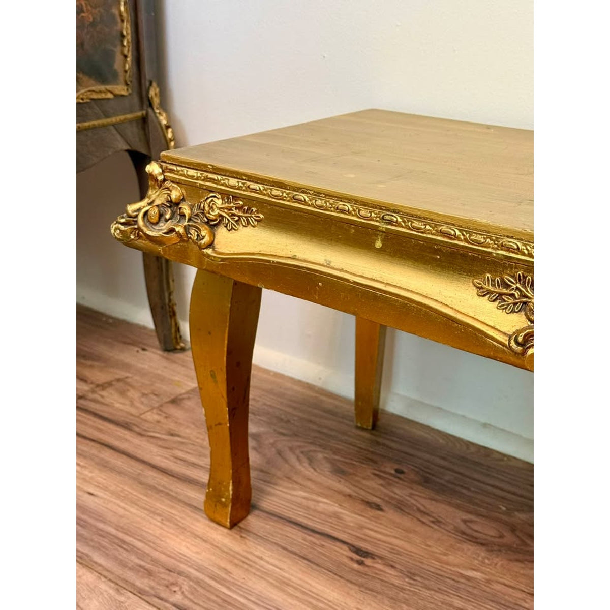 Vintage Hollywood Regency Gold Wood Bench Low Table Rococo Style Riser