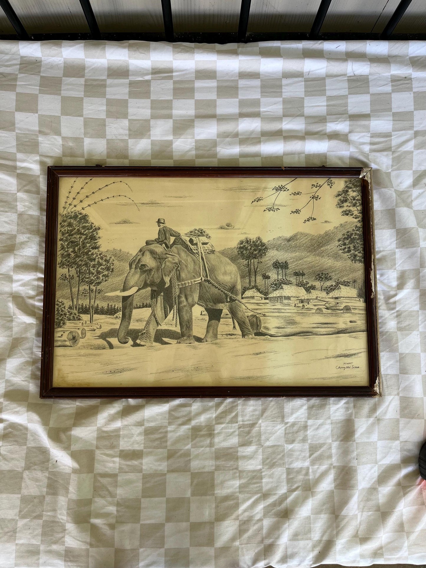 Graphite Drawing of Logging Elephants | Mid-Century Thai Art by Niwat | Chiang Mai, Siam Scene