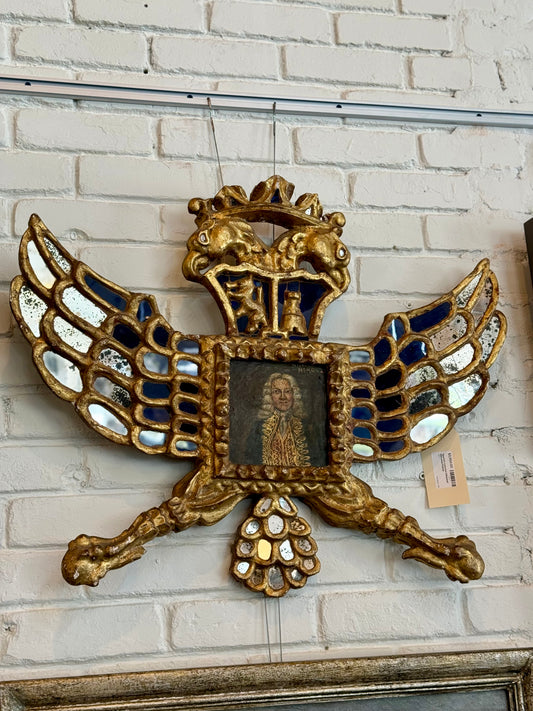 Spanish Colonial Giltwood Heraldic Mirror Frame with Portrait, Late 18th/Early 19th Century