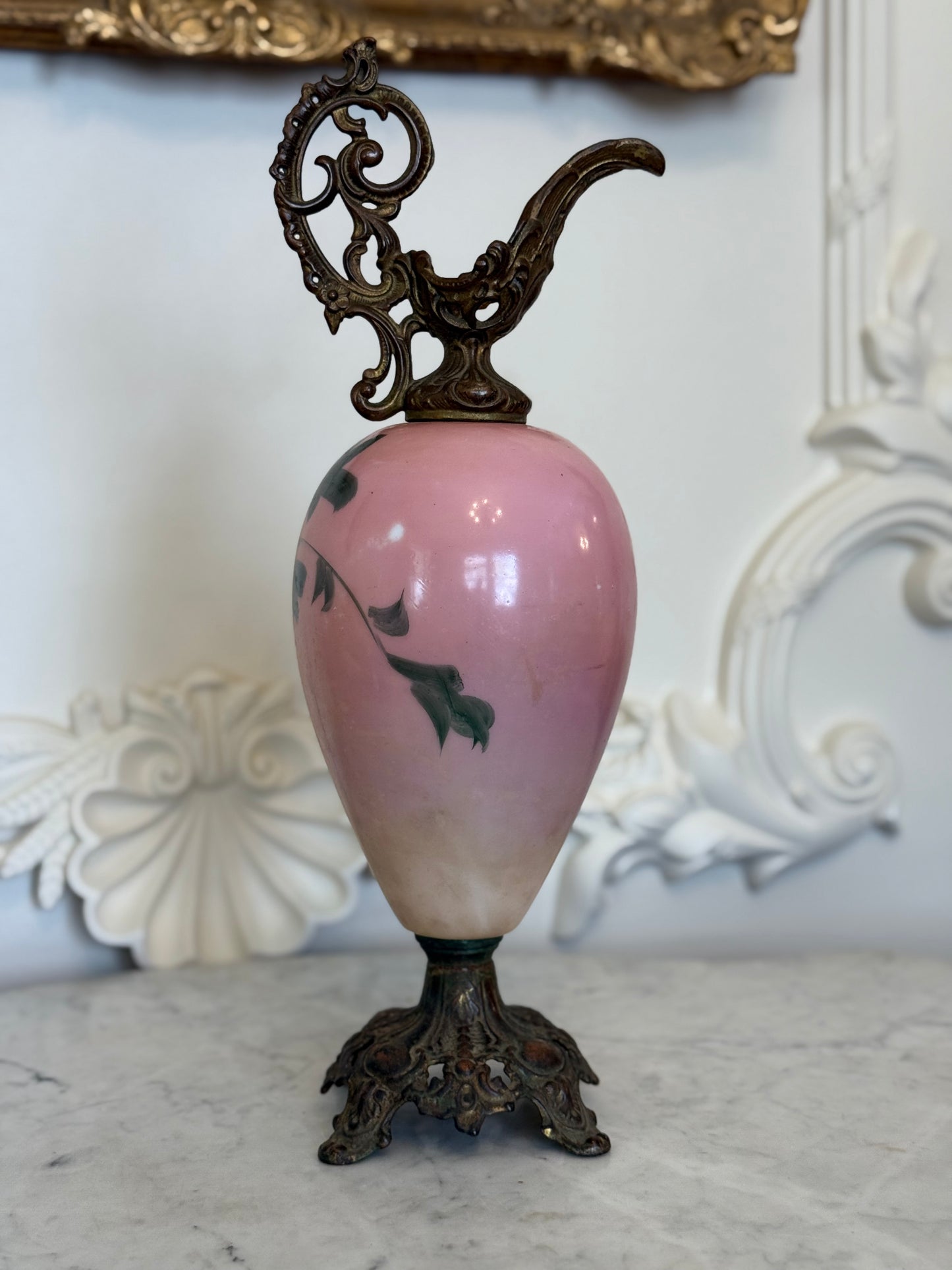 Hand Painted Porcelain Ewer with Cast Brass Mounts