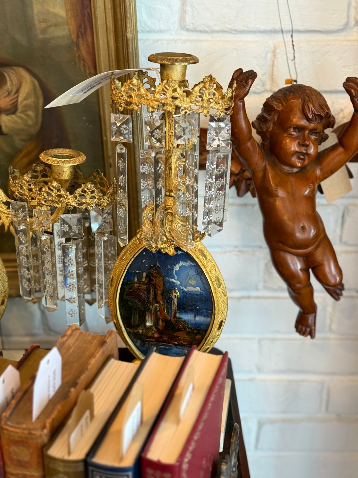 Antique American Gilt Bronze, Églomisé & Cut Glass Girandole Garniture set of 3

Mid-19th Century