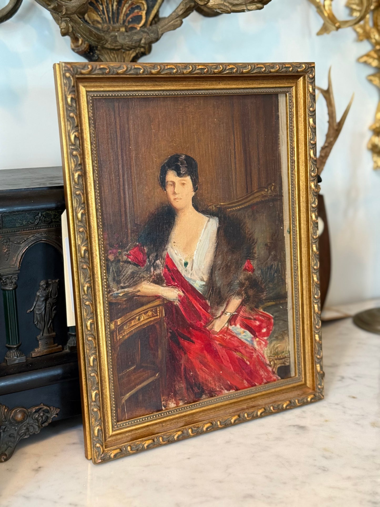 Continental School “Woman with Fur Stole” Oil on Panel Portrait, 19th/20th Century