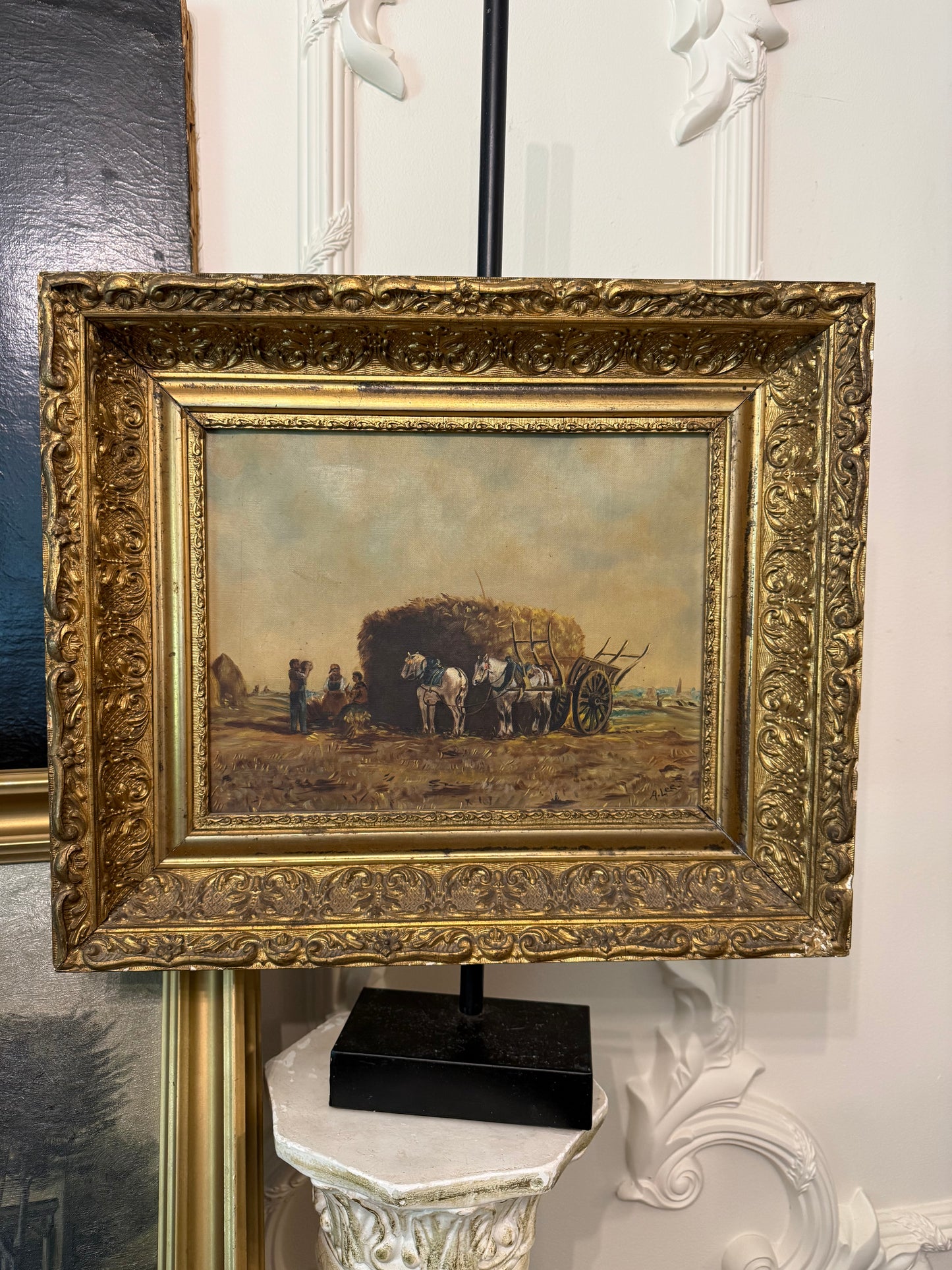 Late 19th Century Signed A. Lee Harvest Scene Oil Painting in Period Gilt Frame