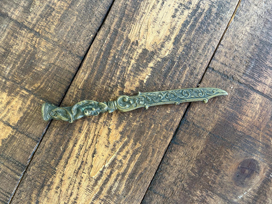 Antique Bronze Dog Letter Opener – Ornate Hound Handle with Engraved Blade – Unique Desk Decor or Gift for Dog Collectors