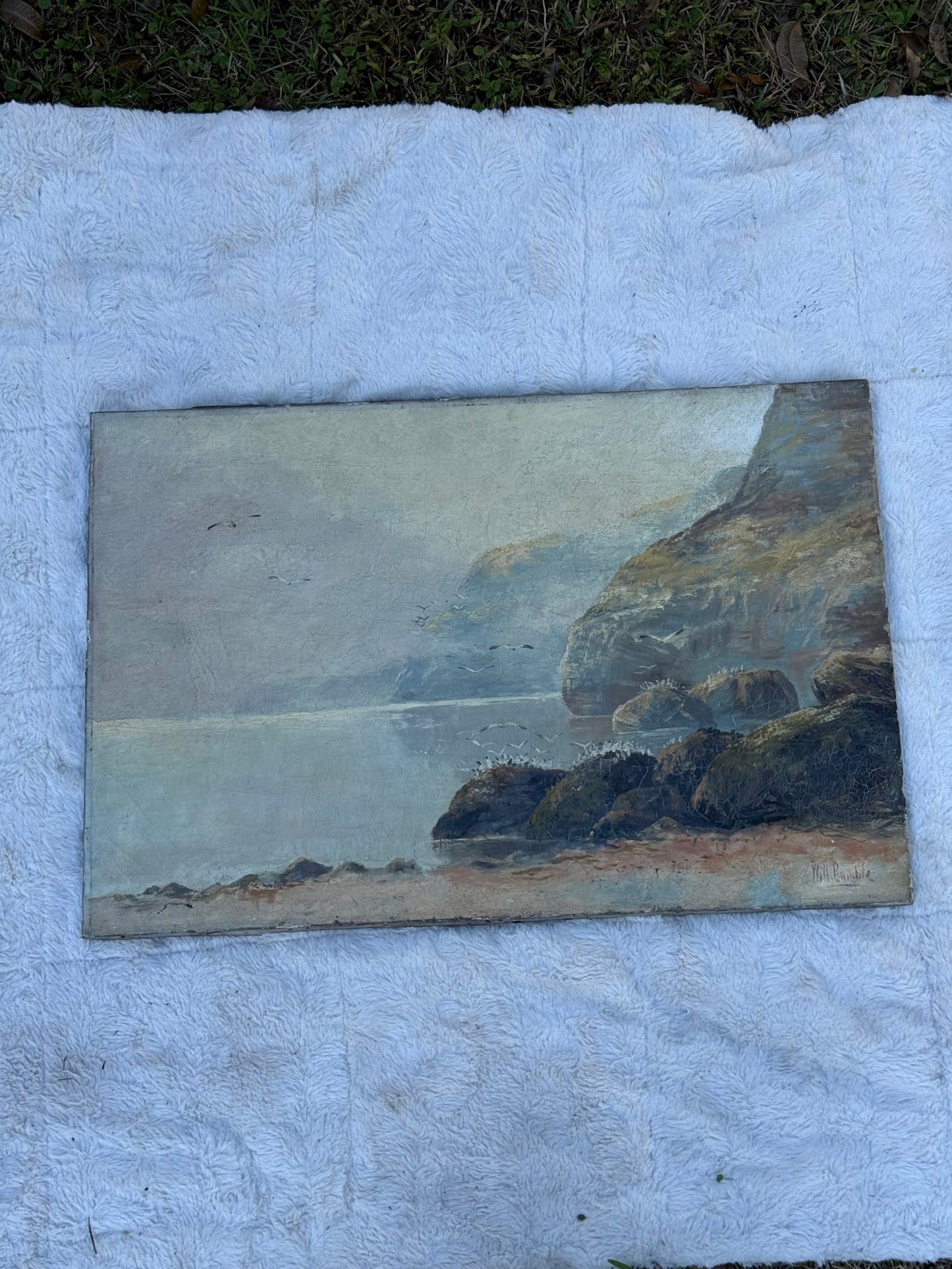Antique 19th-Century Coastal Seascape Oil Painting by William H. Rumble | 20x30 Original Maritime Landscape