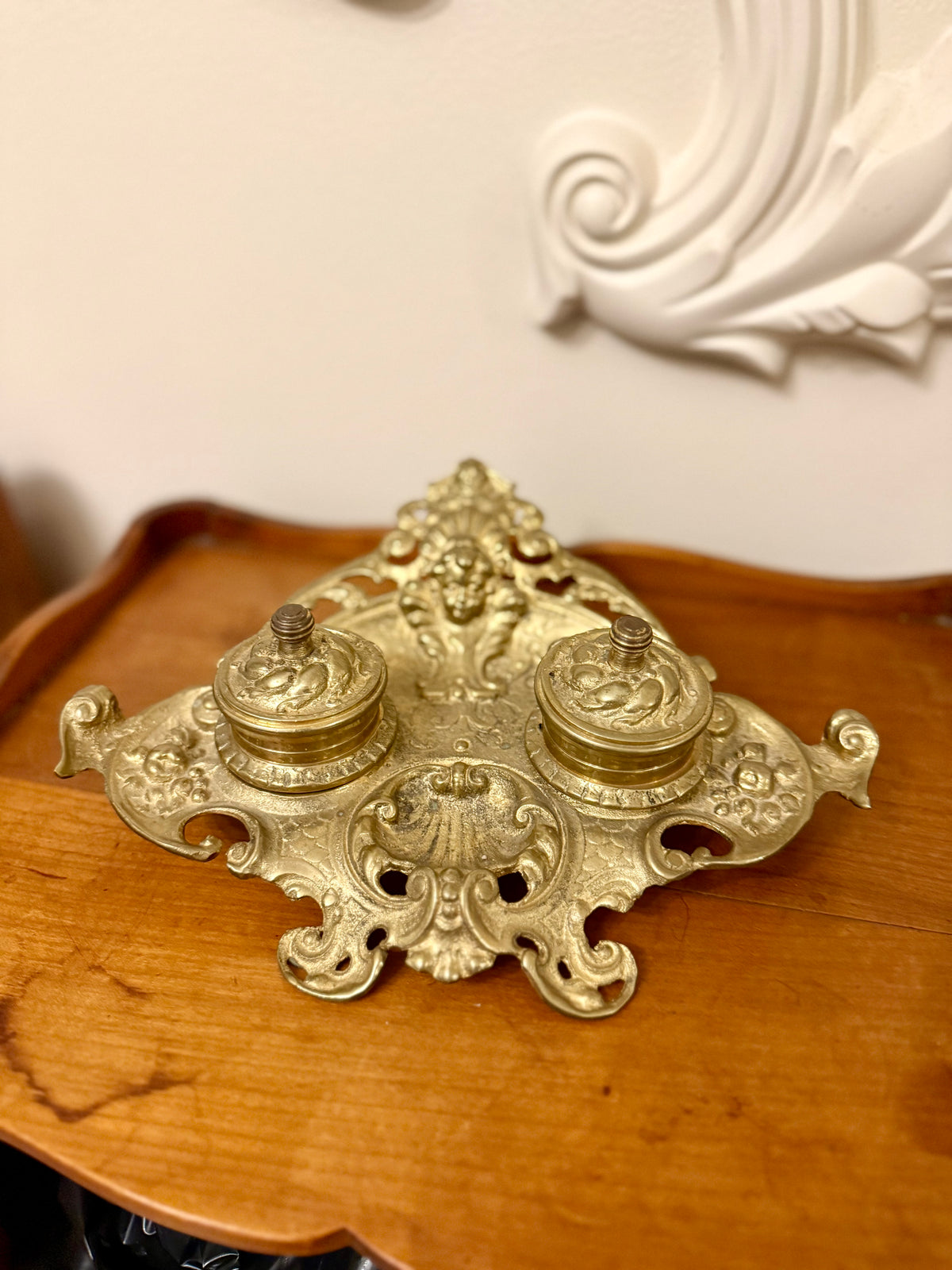 Vintage Rococo Revival Ornate Cast Metal Double Inkwell Inkstand