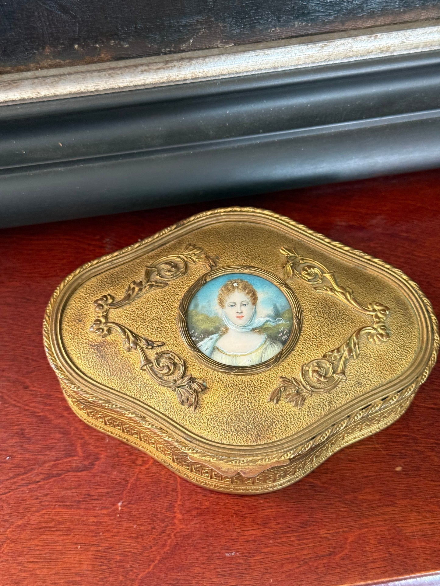 Antique Gilt Bronze Jewelry Box with Ivory Portrait Miniature, Continental Europe 19th c.