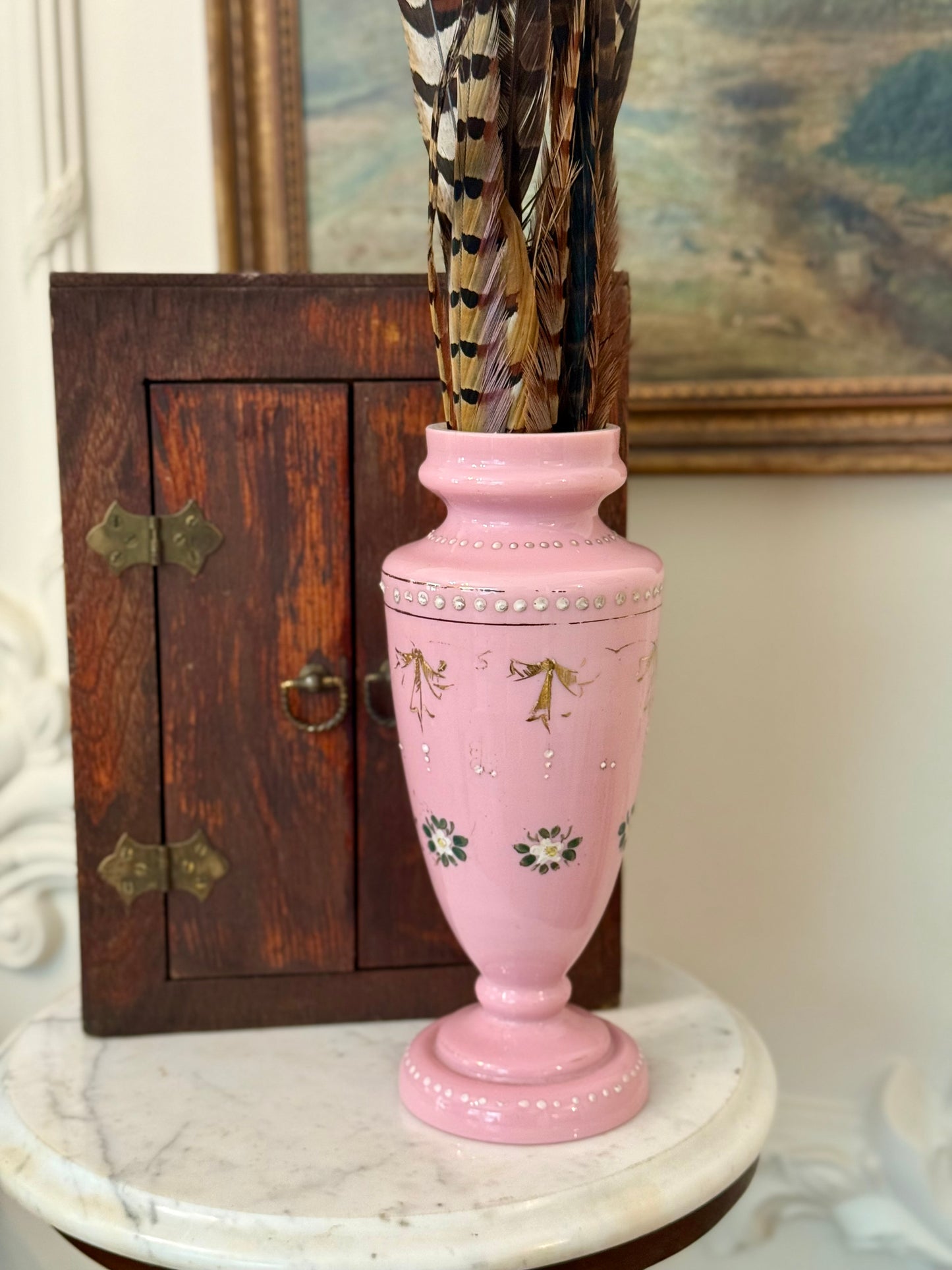 Antique Victorian Pink Hand Enameled Art Glass Vase