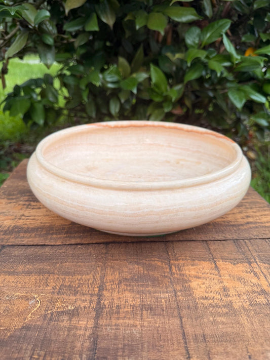Vintage Alabaster Stone Bowl – Hand-Carved Decorative Dish with Warm Earth Tones, Mid-Century Minimalist Catchall