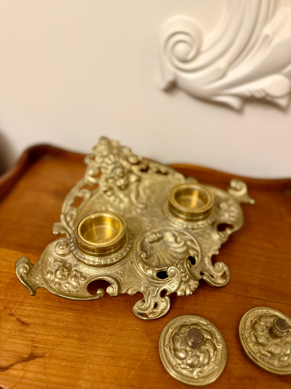 Vintage Rococo Revival Ornate Cast Metal Double Inkwell Inkstand