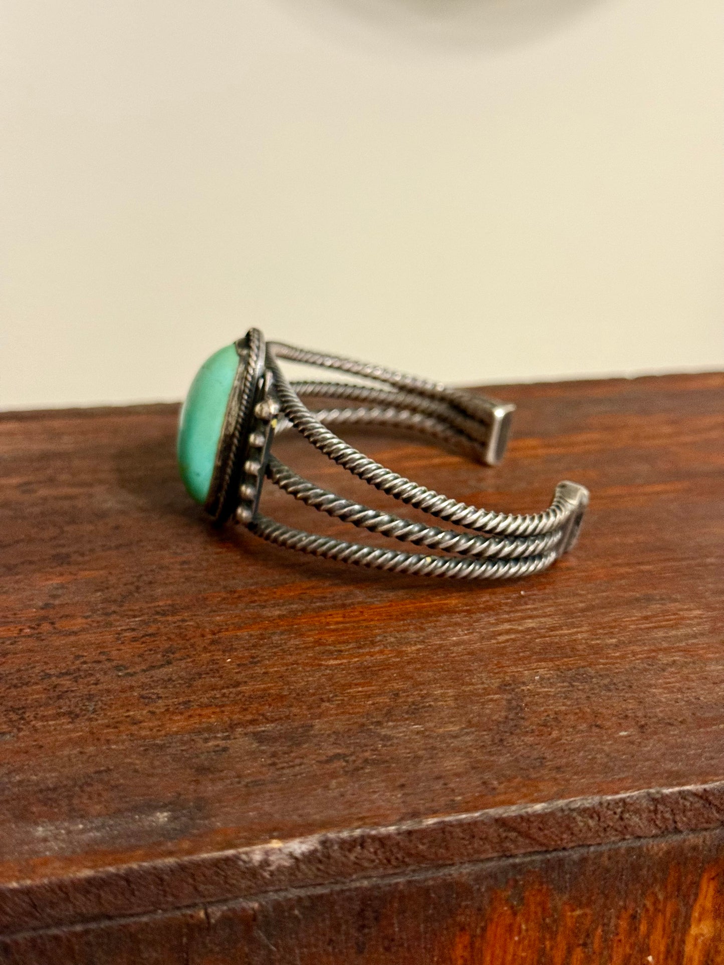 Vintage Navajo Three-Strand Twisted Wire Cuff Bracelet with Green Stone