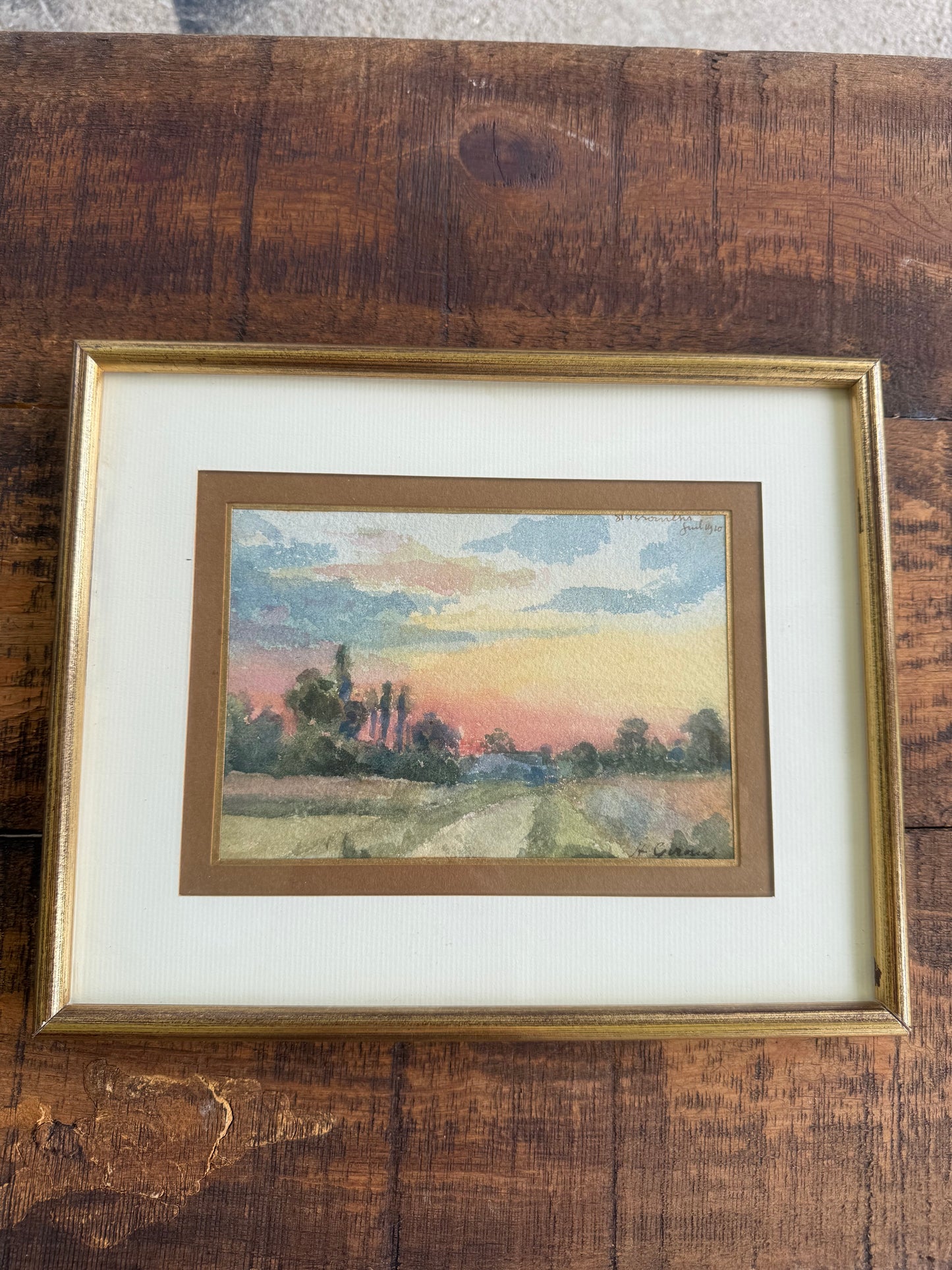 A. Giraud (1910) French School Influence Watercolor – Countryside Road at Sunset