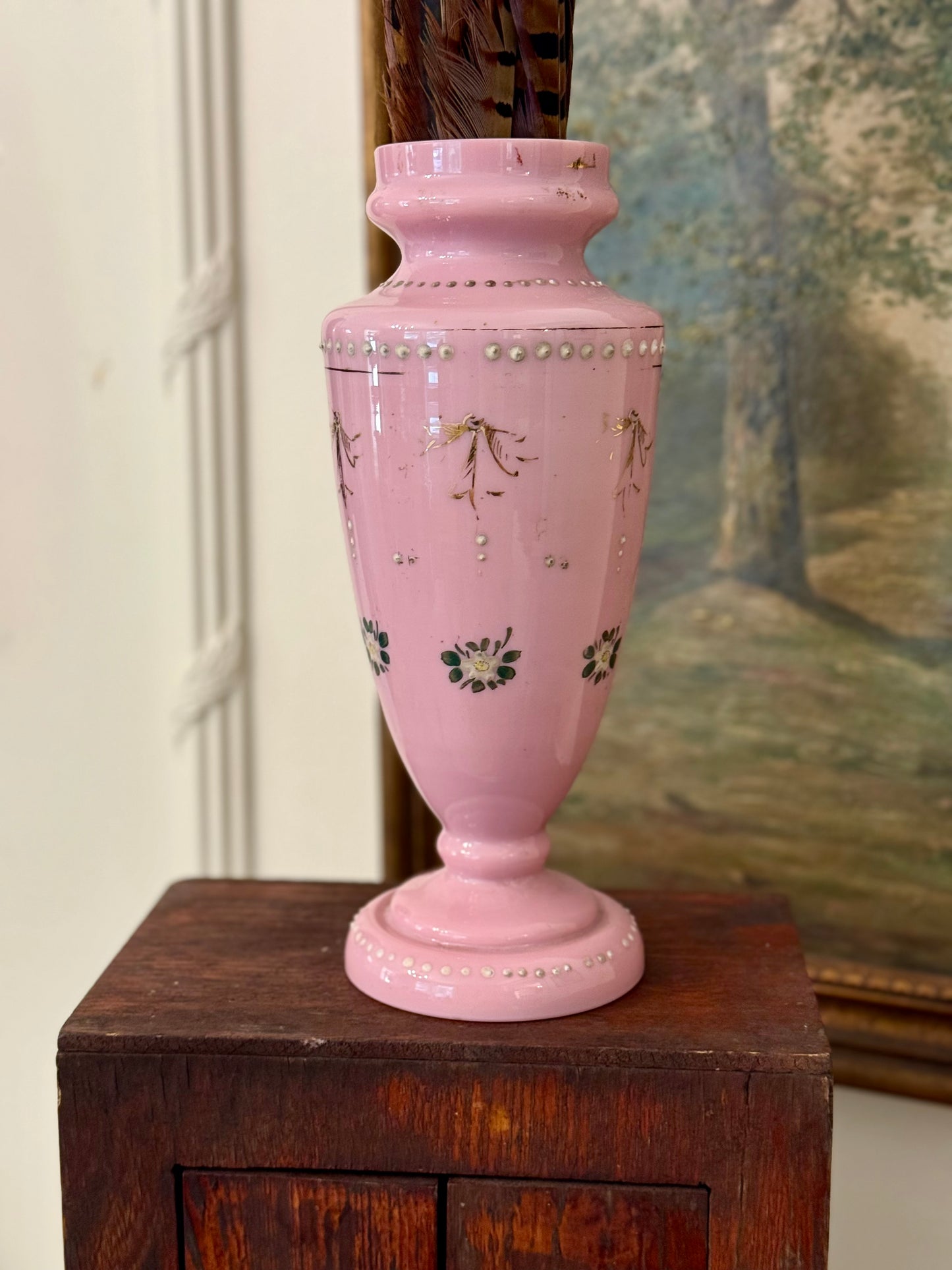 Antique Victorian Pink Hand Enameled Art Glass Vase