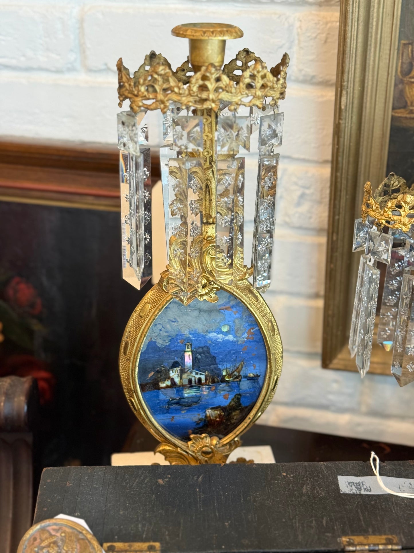 Antique American Gilt Bronze, Églomisé & Cut Glass Girandole Garniture set of 3

Mid-19th Century
