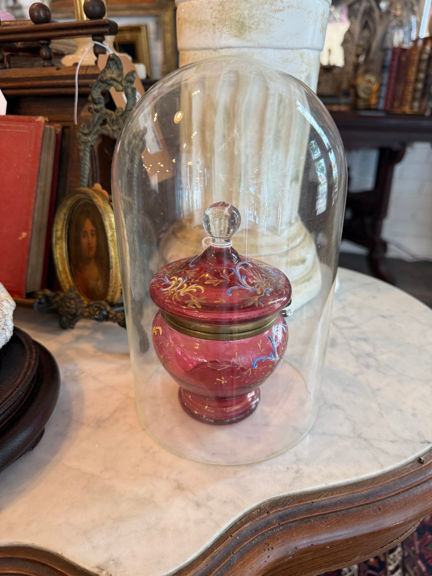Antique Bohemian Ruby Glass Enameled Hinged Casket