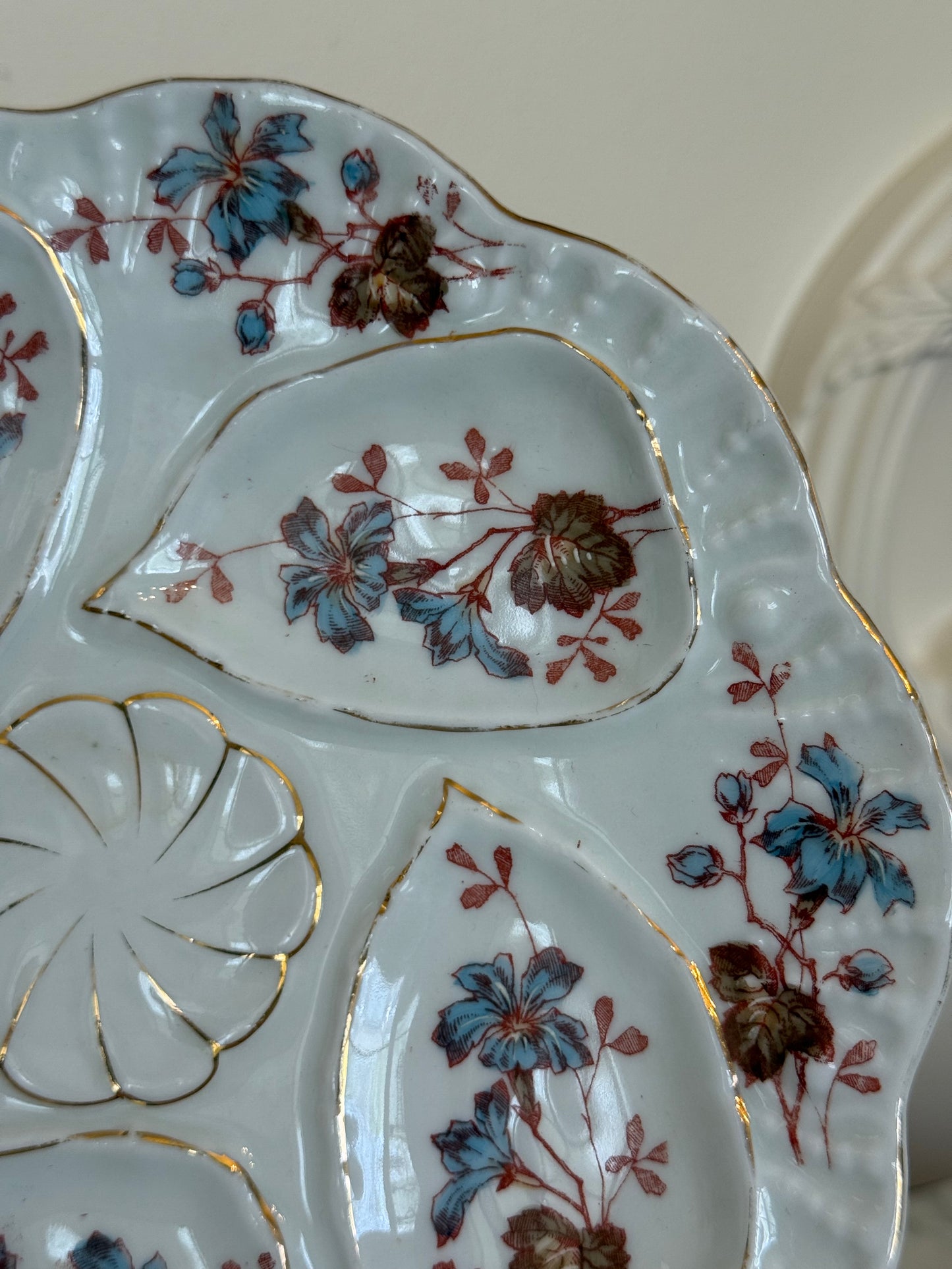 Antique Floral Oyster Plate with Central Sauce Well