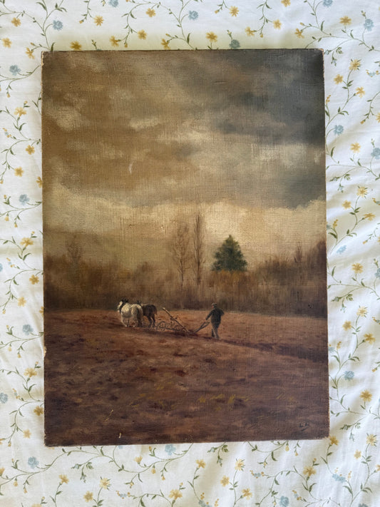 Late 19th-Century Rural Landscape – Farmer with Horse-Drawn Plow, Oil on Canvas, Monogrammed