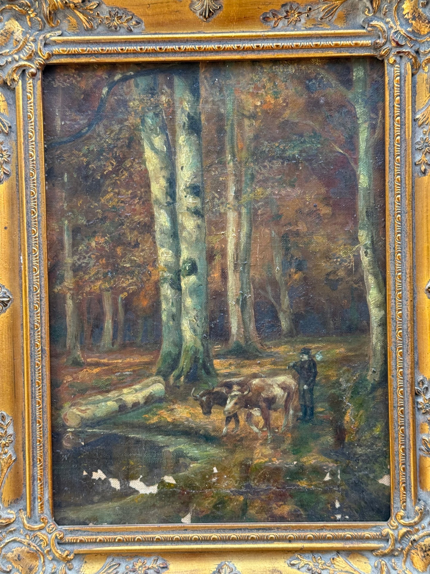 19th-Century Continental Woodland Landscape with Cattle & Herdsman
Oil on Canvas, c. 1860–1890 (9×12 canvas, 12×15 framed)