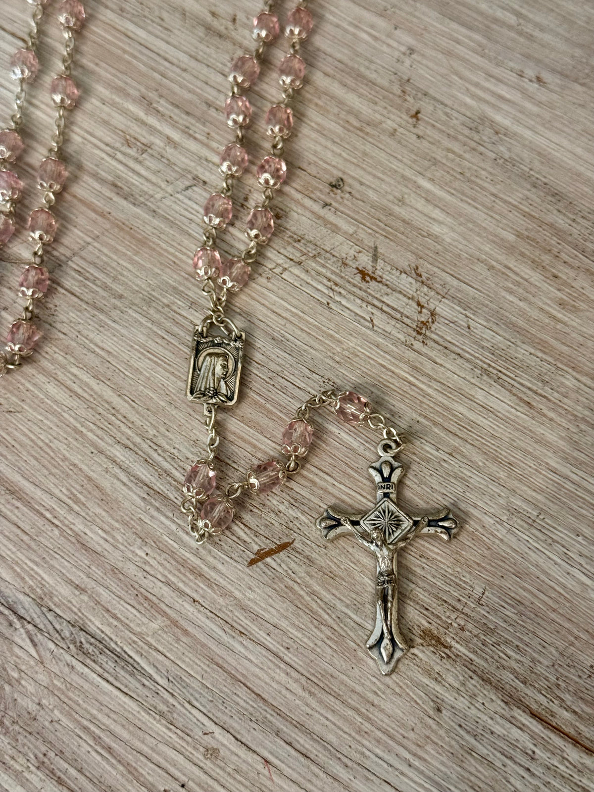 Vintage Pale Pink Faceted Glass Catholic Rosary with Marian Medal