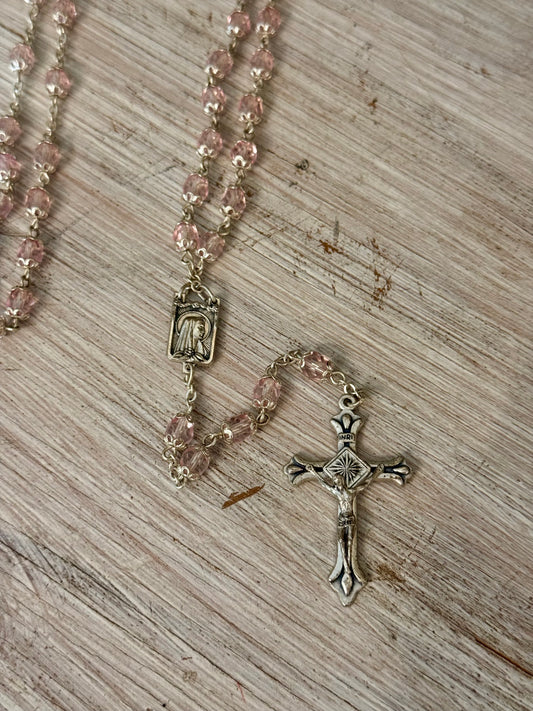 Vintage Pale Pink Faceted Glass Catholic Rosary with Marian Medal