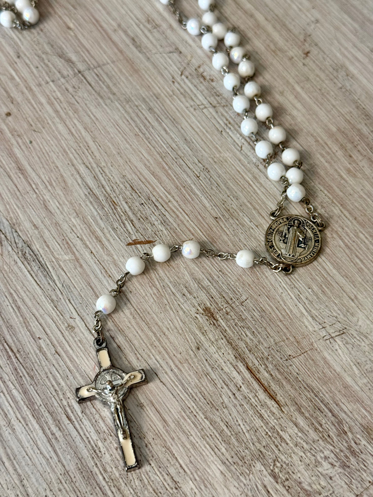 Vintage White Opalescent Beaded St. Benedict Catholic Rosary