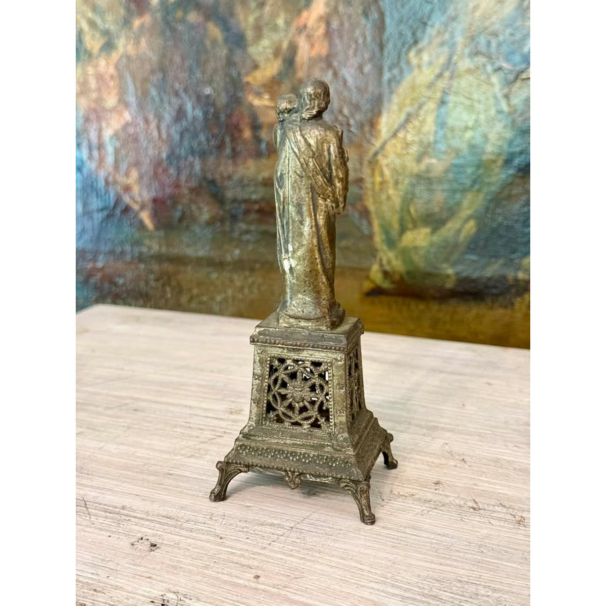 Vintage Saint Joseph with Christ Child Metal Devotional Statue