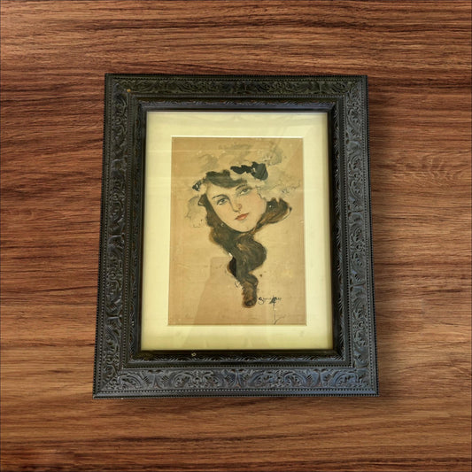 Early 1900s Watercolor Portrait | Impressionist Art Nouveau Style | Woman in Feathered Hat | 16x19 Framed