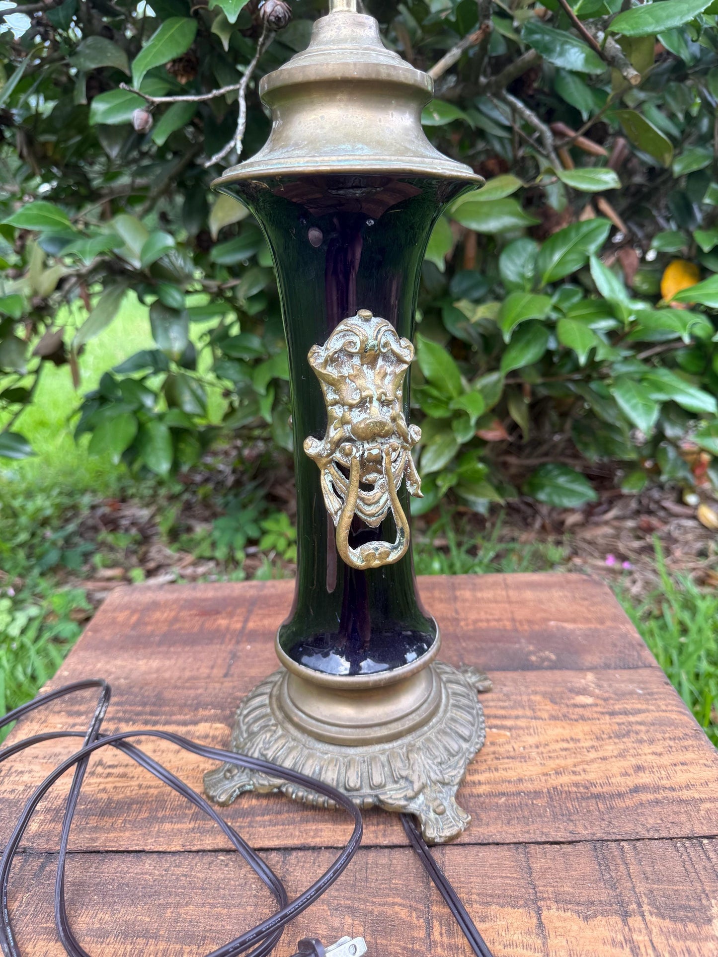 Antique Cobalt Blue Vase Lamp with Brass Lion Mounts – Converted Urn Table Lamp in Hollywood Regency or Eclectic Maximalist Style