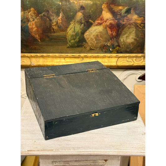 Antique Primitive Black Painted Wooden Bible Box, Slant Top Storage Chest