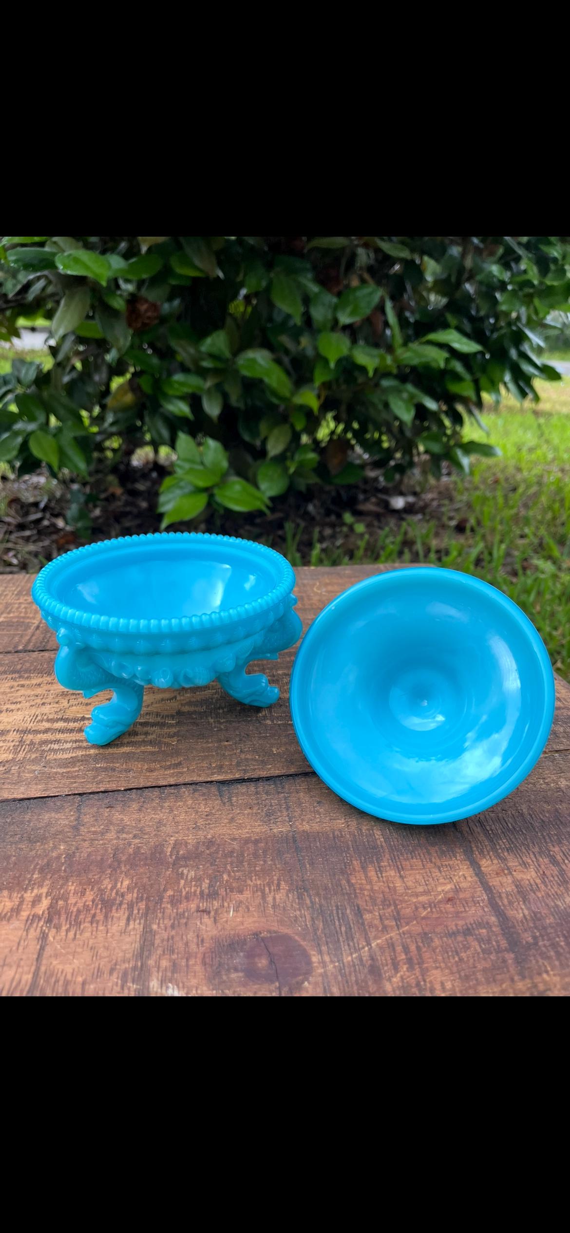 Victorian Blue Milk Glass Shell Dish with Lid – Portieux Vallerysthal Style Trinket Jar