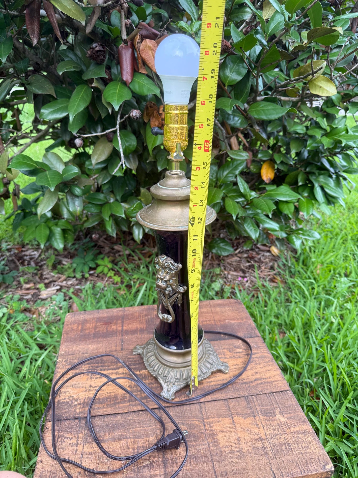 Antique Cobalt Blue Vase Lamp with Brass Lion Mounts – Converted Urn Table Lamp in Hollywood Regency or Eclectic Maximalist Style