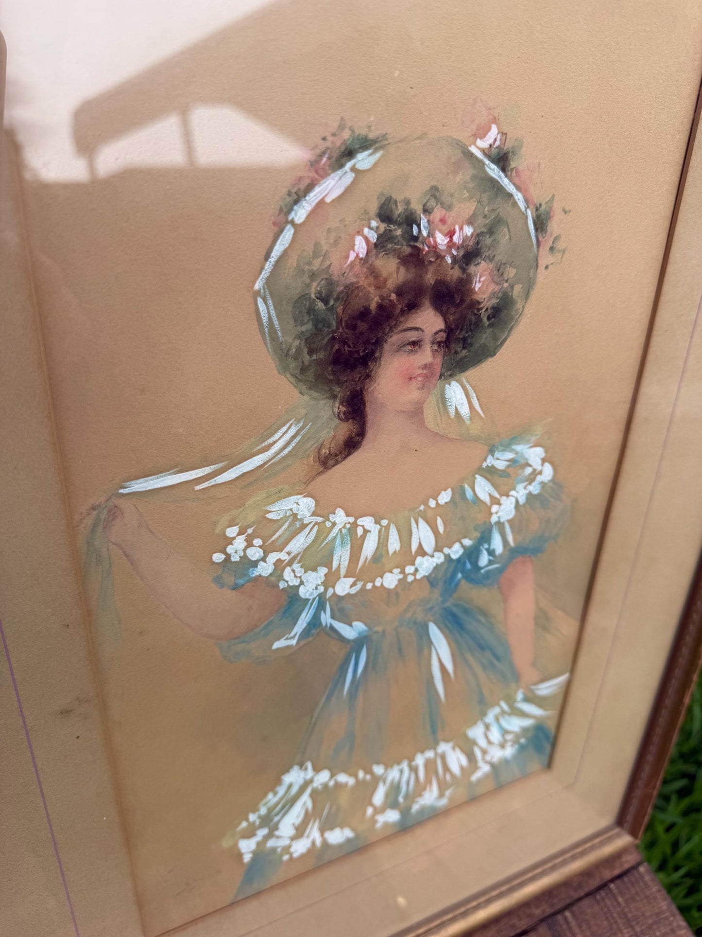 Antique Portrait of Woman in Blue by E. Lewis | Watercolor or Gouache | Framed Romantic Art | Edwardian Style Lady Painting