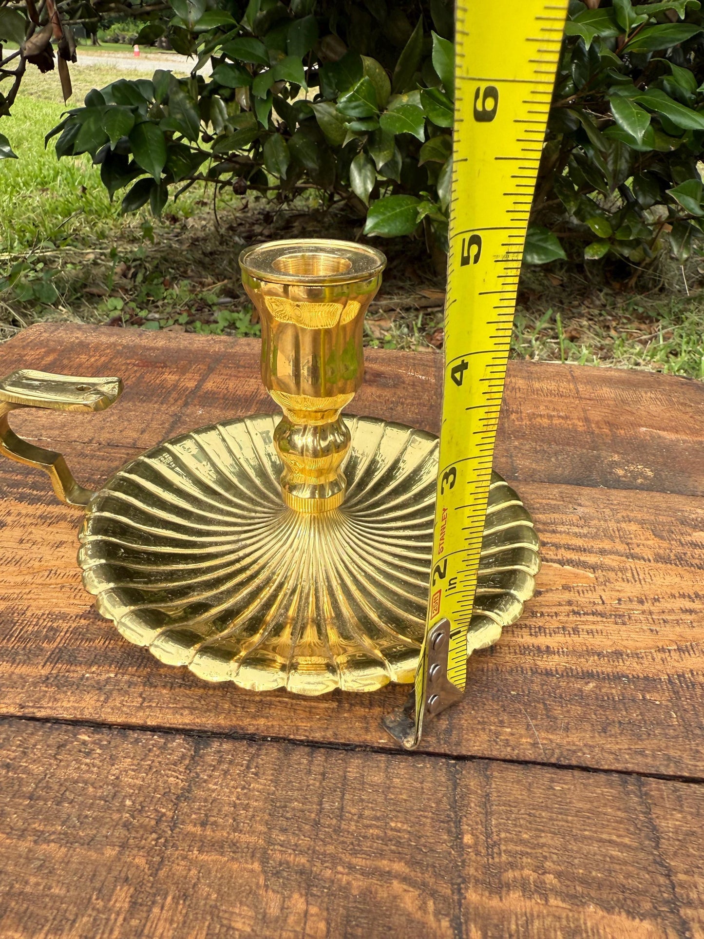 Vintage Brass Chamberstick Taper Candle Holder | Fluted Base Finger Loop Candlestick | Classic Colonial Style