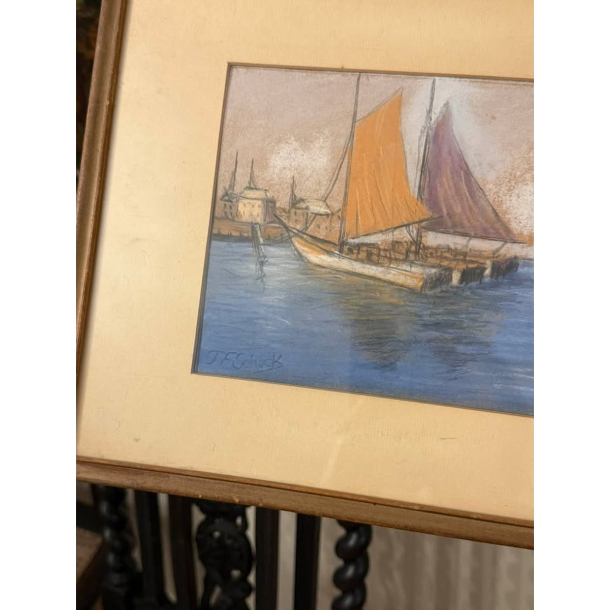 Vintage Signed Sailboat Harbor Artwork