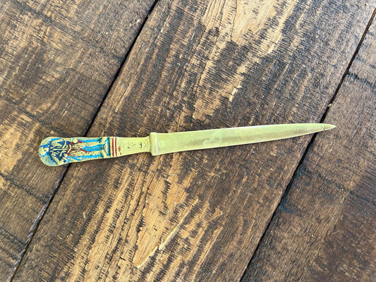 Vintage Brass Letter Opener with Painted Egyptian Motifs – Mid Century Souvenir Paper Knives