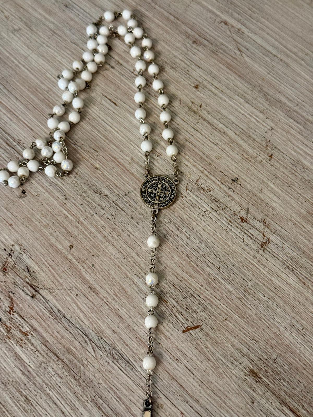 Vintage White Opalescent Beaded St. Benedict Catholic Rosary