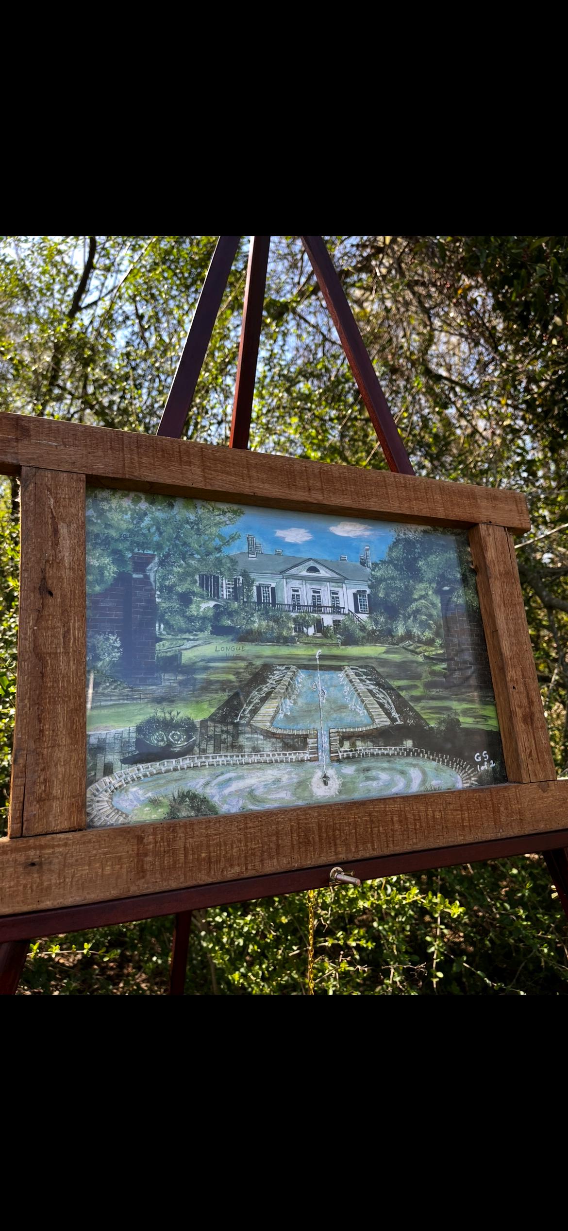 Longue Vue House Folk Art Painting – 1 of 2 by GS – Acrylic Landscape in Handmade Cypress Frame