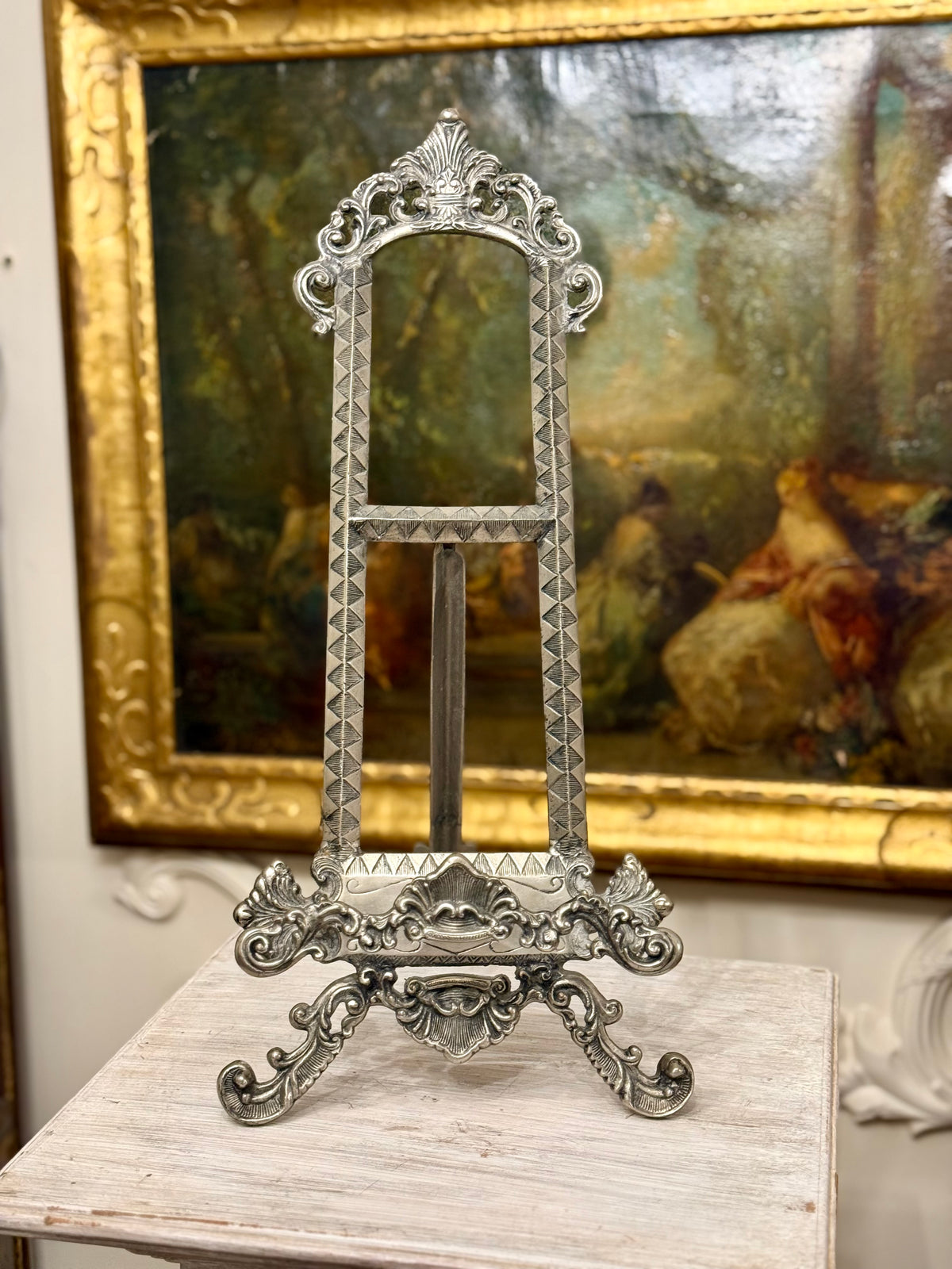Vintage Ornate Silver-Toned Metal Display Easel with Rococo Scrollwork, 22.75”