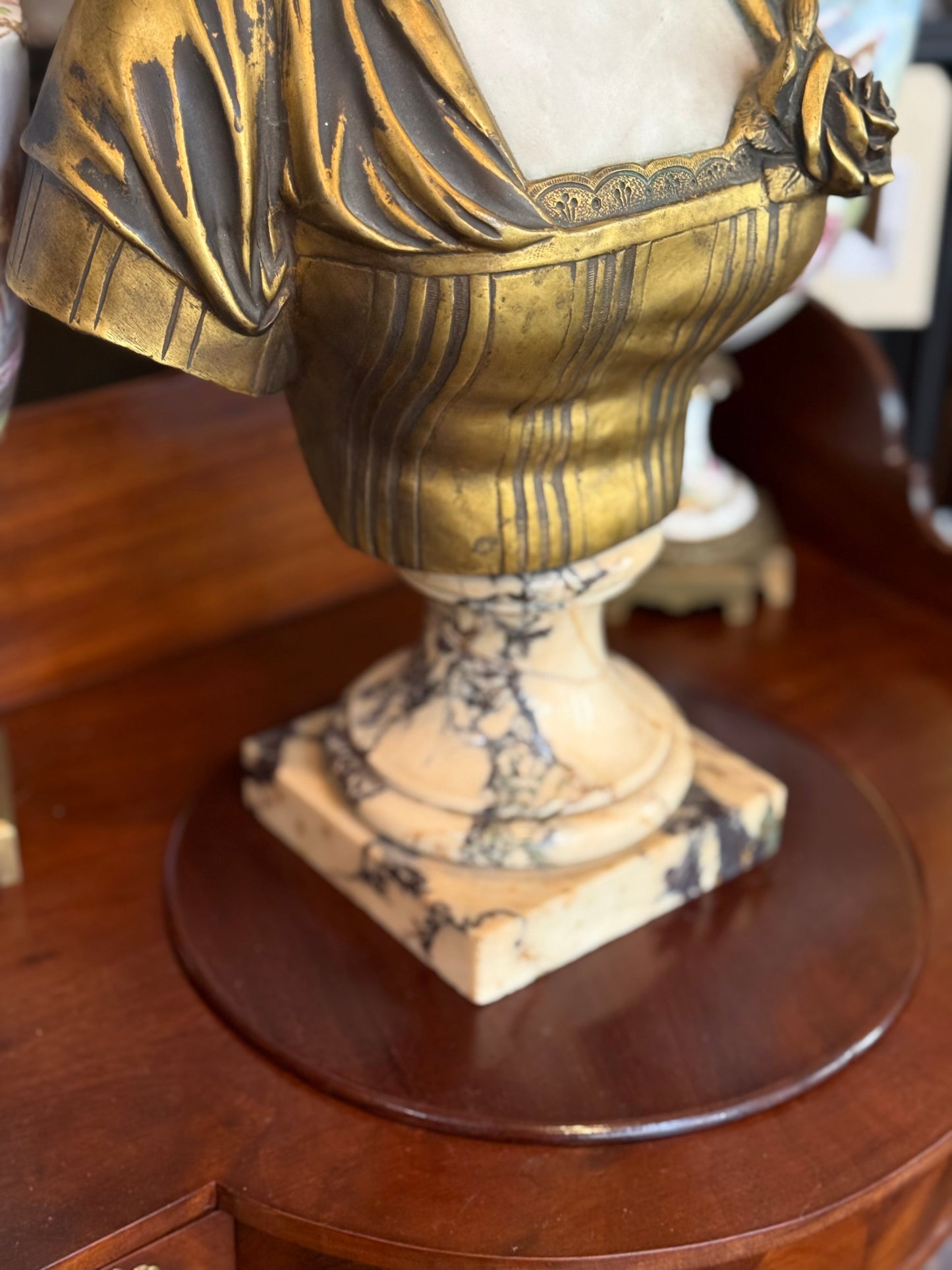 French Marble and Patinated Bronze Maiden Bust, After Jean-Baptiste Greuze