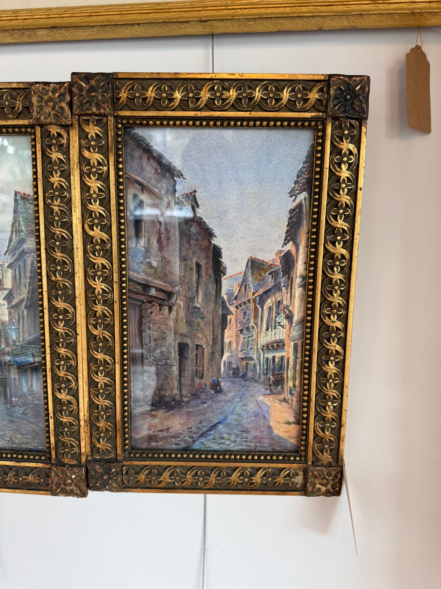 Pair of Signed French Village Street Scene Watercolors by M. Guillebert in Gothic Revival Frames