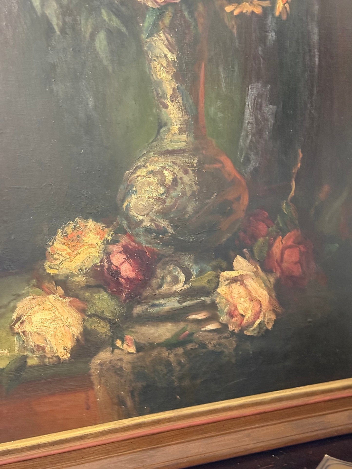 Antique Belgian Floral Still Life Oil Painting | Roses and Daisies in Vase | Framed Oil on Canvas Mounted to Board