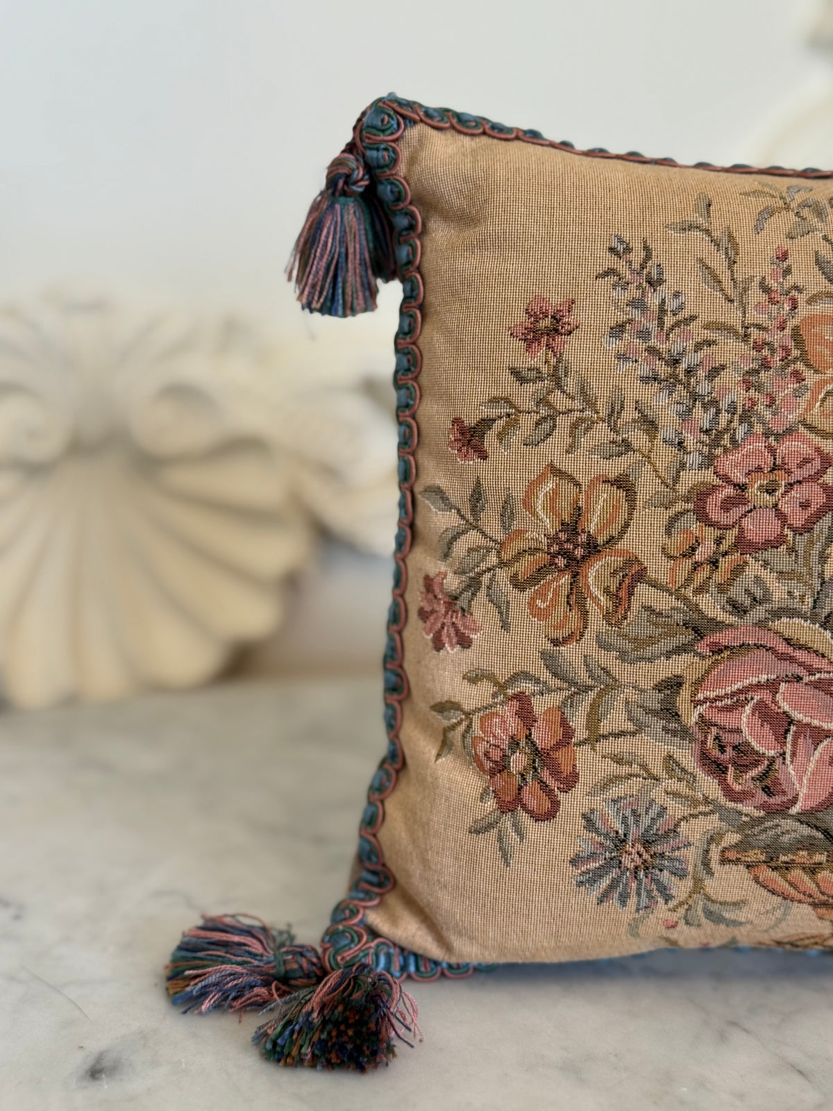 Vintage Floral Tapestry Accent Pillow with Tassels