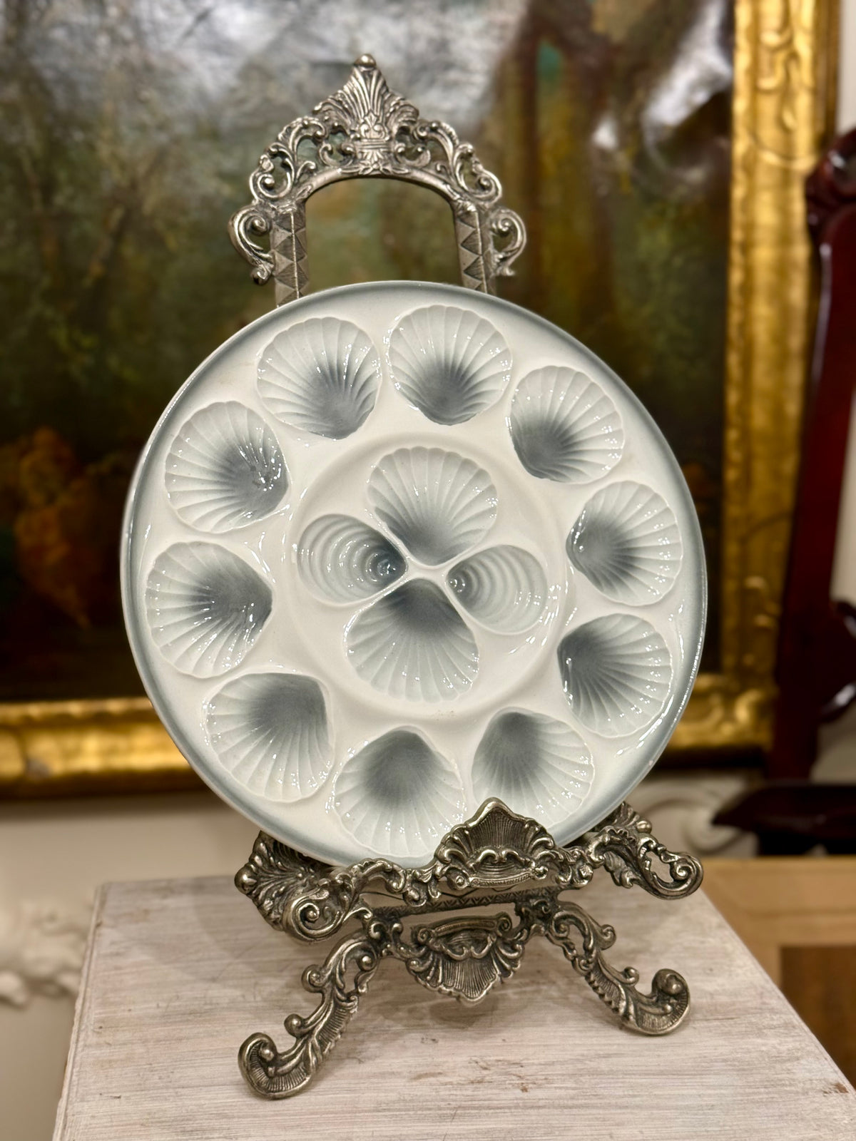 Vintage French Moulin des Loups Large Oyster Platter, Blue Gray and White, 13”