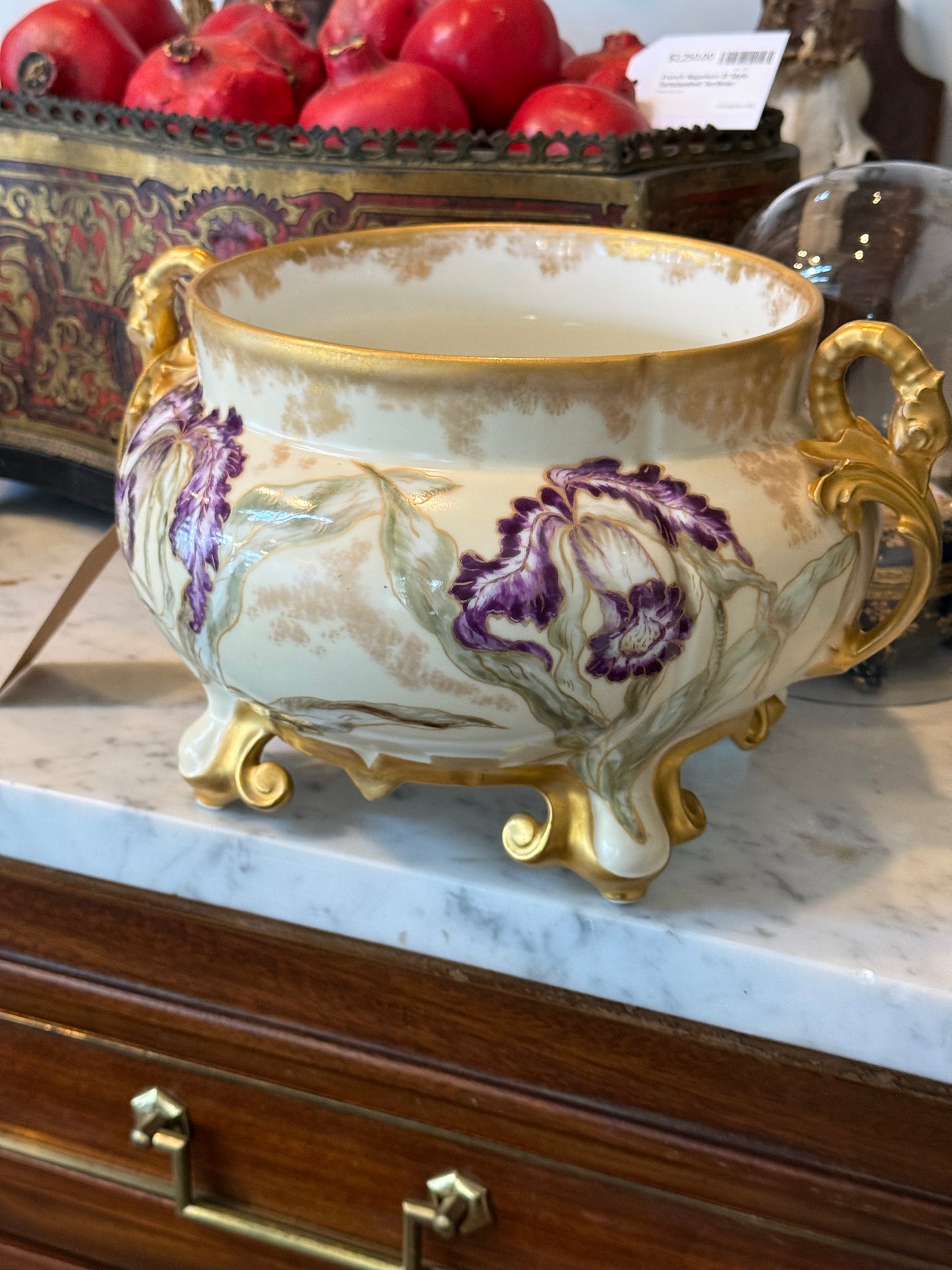 Antique Hand-Painted Limoges Porcelain Jardinière with Purple Irises & Gilt Handles