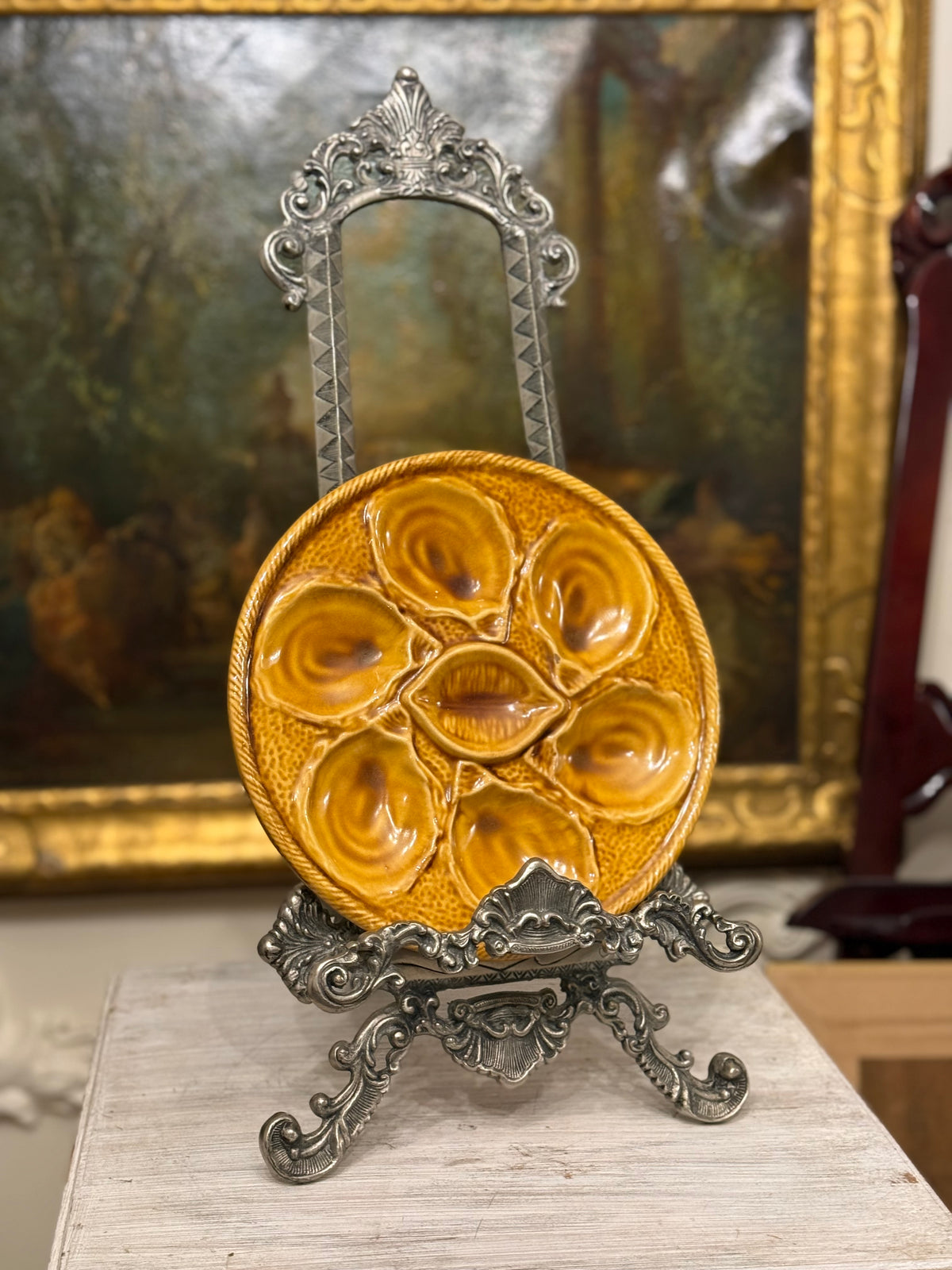 Vintage French Saint-Clément Majolica Oyster Plate in Mustard Glaze, 10”