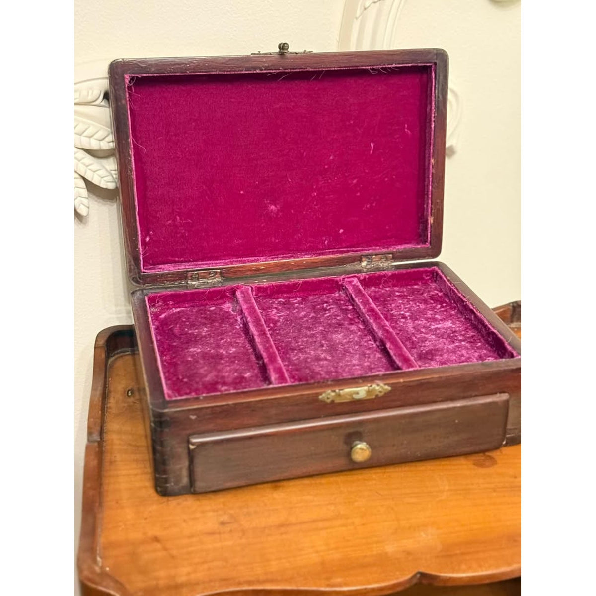 Antique Victorian Mahogany Jewelry Box Dovetail Drawer Purple Velvet Interior